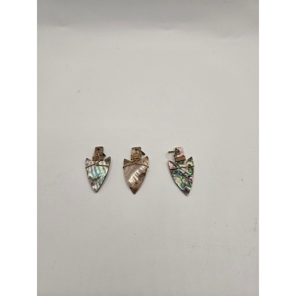 Set of 3 Abalone Shell Arrowhead Pendants Wire Wrapped Gold Tone Jewelry Charms